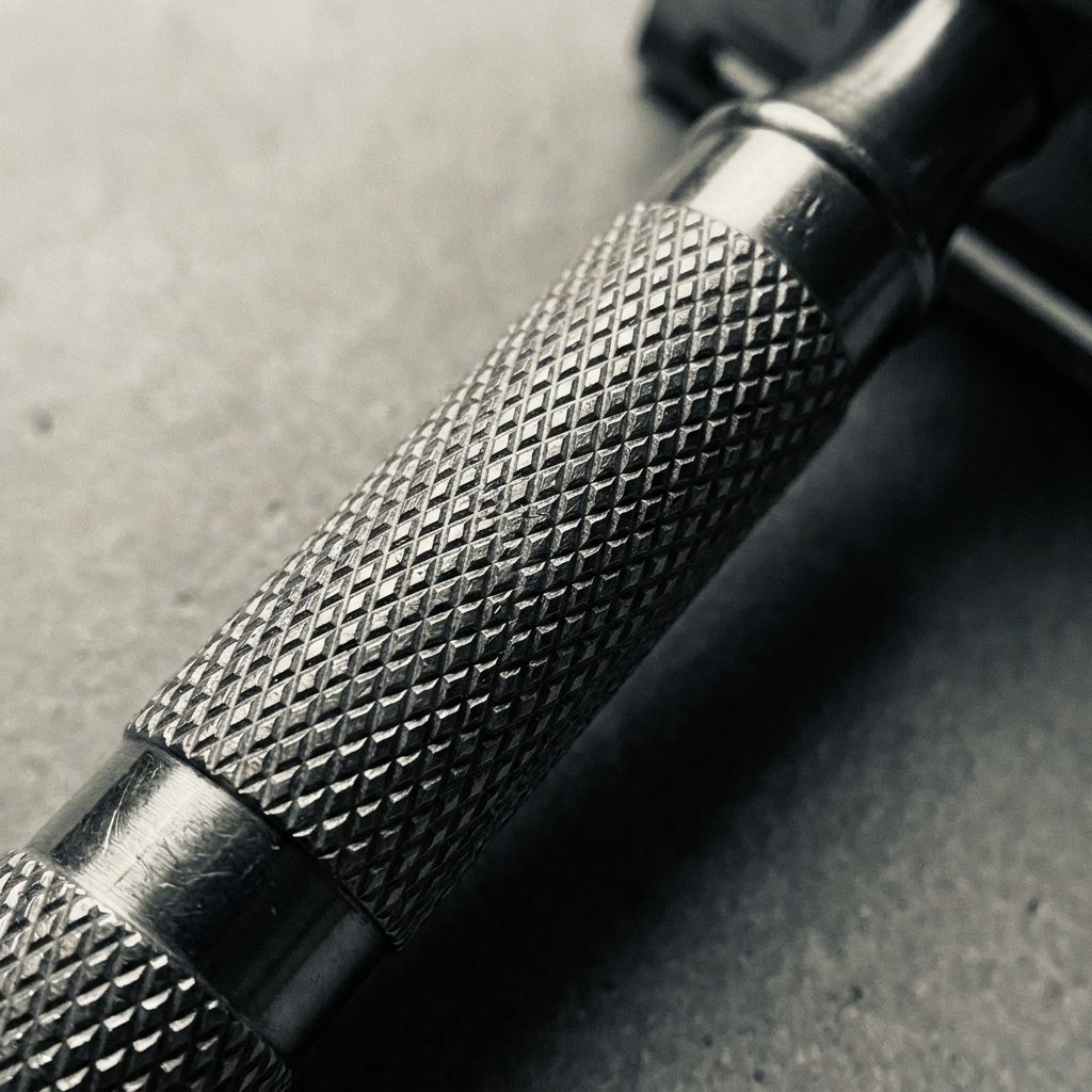 Close-up of a textured knurled handle of a premium stainless steel razor